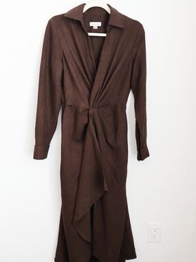 Calvin Klein Dark Brown Long Sleeve Twist Front Midi Dress